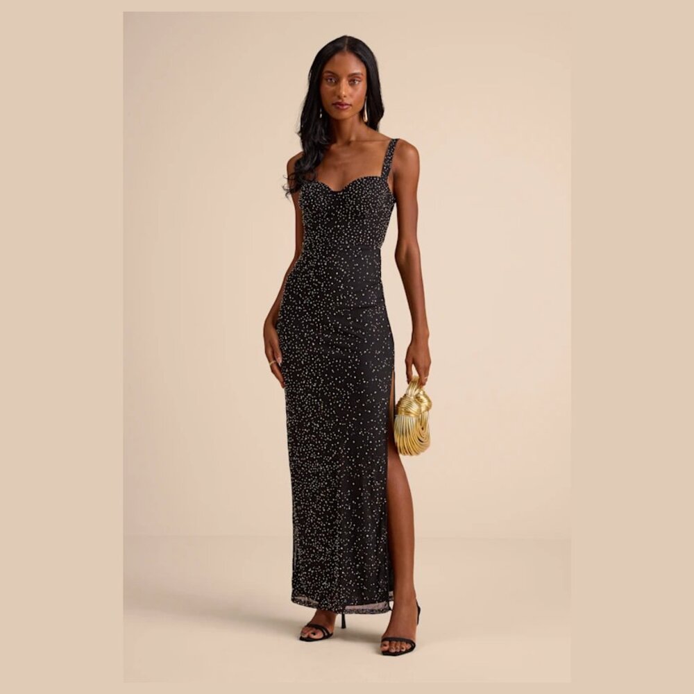 Lulu's Black Sequin Maxi Dress with Gold Accent